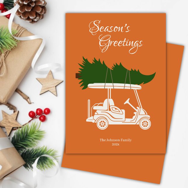 Golf Cart with Christmas Tree • Orange Minimalist Holiday Card (Creator Uploaded)