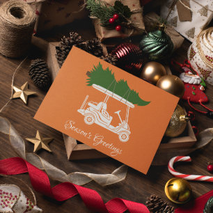 Golf Cart with Christmas Tree • Orange Minimalist Holiday Card