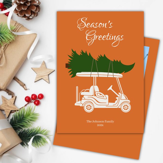 Golf Cart with Christmas Tree • Orange Photo Holiday Card (Creator Uploaded)