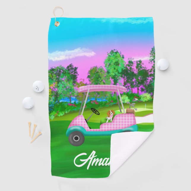 Golf Cart With Cute Cavalier King Charles And Name Towel (InSitu)