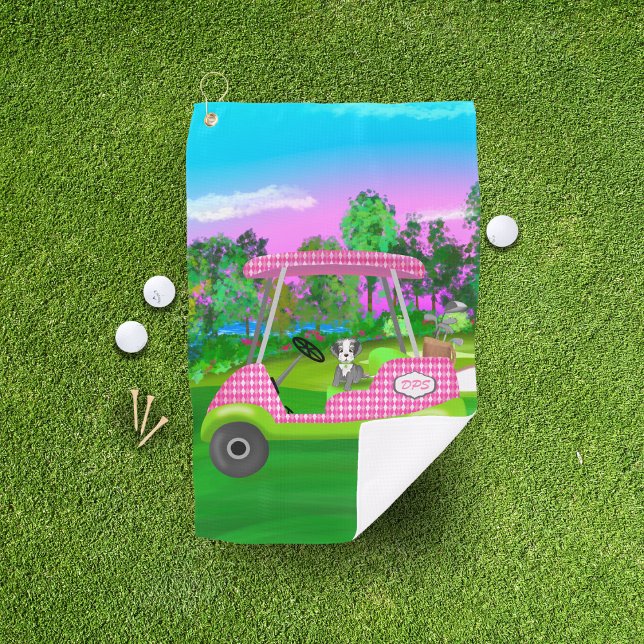  Golf Cart With Cute Schnauzer And Initials Towel (Creator Uploaded)