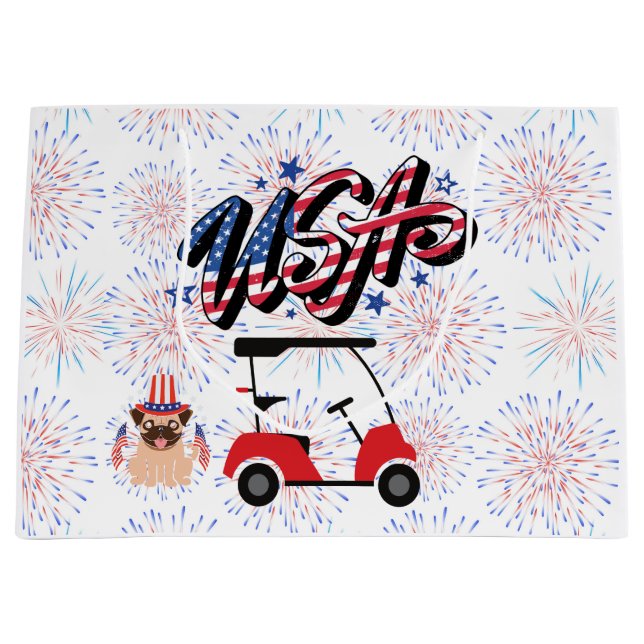 Golf cart with flag of America for 4th July    Large Gift Bag (Front)