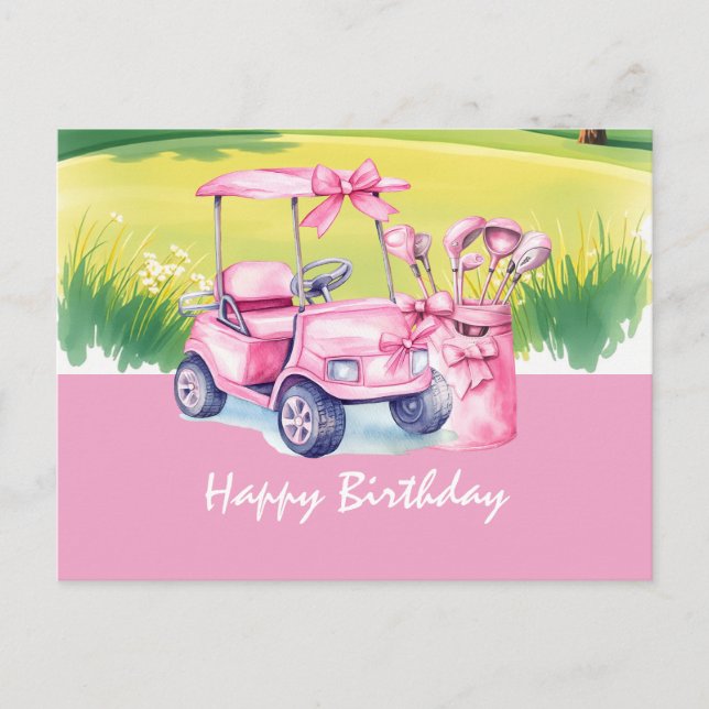 Golf  Cart with Happy Birthday  Woman Golfer Postcard (Front)
