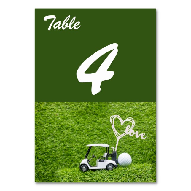 Golf cart with love on green grass for wedding table number (Front)