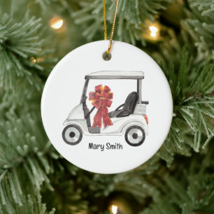 Golf Cart with red ribbon watercolor Ceramic Ornament