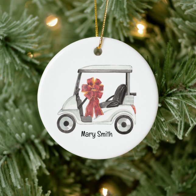 Golf Cart with red ribbon watercolor Ceramic Ornament (Tree)