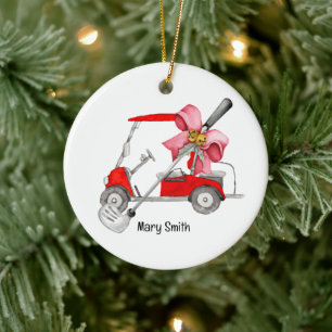 Golf Cart with red ribbon watercolor Ceramic Ornament