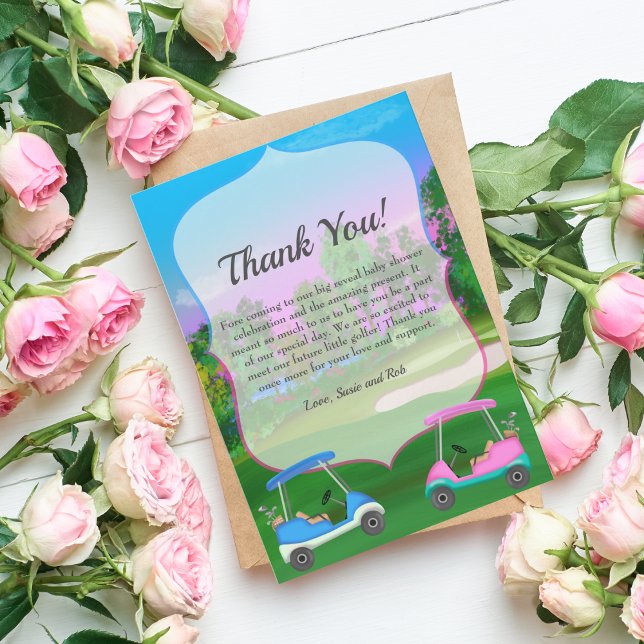 Golf Carts On Course Gender Reveal Baby Shower Thank You Card (Creator Uploaded)