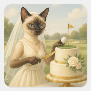 Golf Cat bride Golfer is cutting wedding Cake Square Sticker