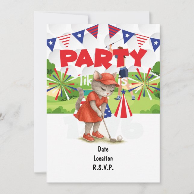 Golf CAT golfer Party 4th July Independence Day  Invitation (Front)