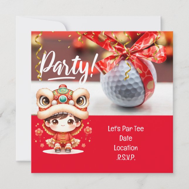 Golf Chinese New Year with ball and red ribbon  Save The Date (Front)