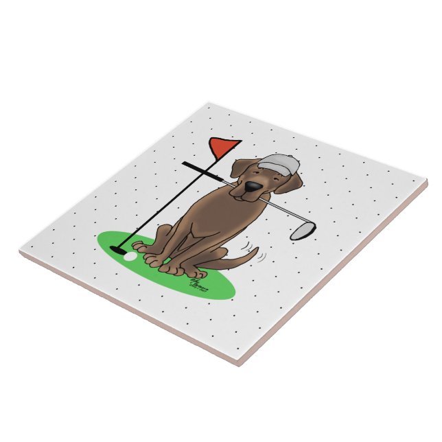 Golf Chocolate Labrador Retriever Dog - Funny Ceramic Tile (Side)