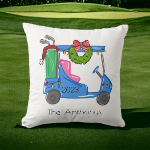 Golf Christmas Blue Golf Cart Personalised Preppy Cushion