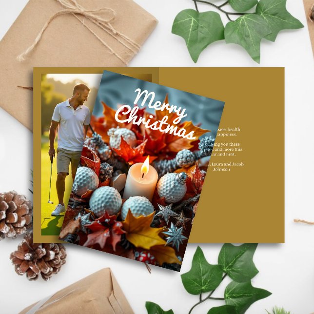 Golf Christmas Candle • Family Photo Gold Holiday Card (Creator Uploaded)