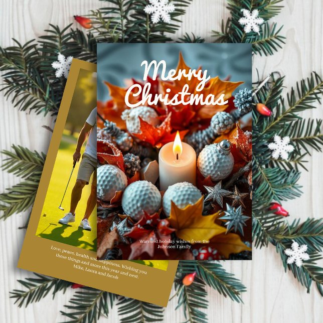 Golf Christmas Candle • Family Photo Gold Holiday Card (Creator Uploaded)