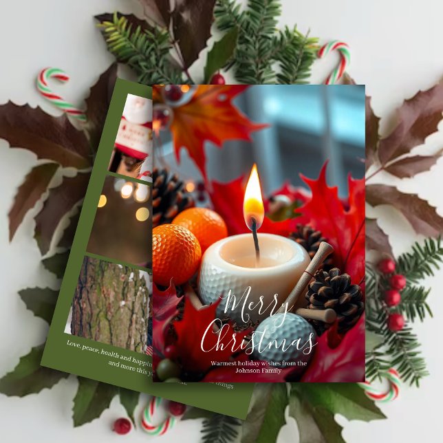 Golf Christmas Candle • Three Photo Green Holiday Card (Creator Uploaded)