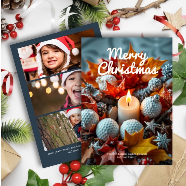 Golf Christmas Candle• Three Photo Navy Holiday Card (Creator Uploaded)