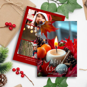 Golf Christmas Candle • Three Photo Red Holiday Card