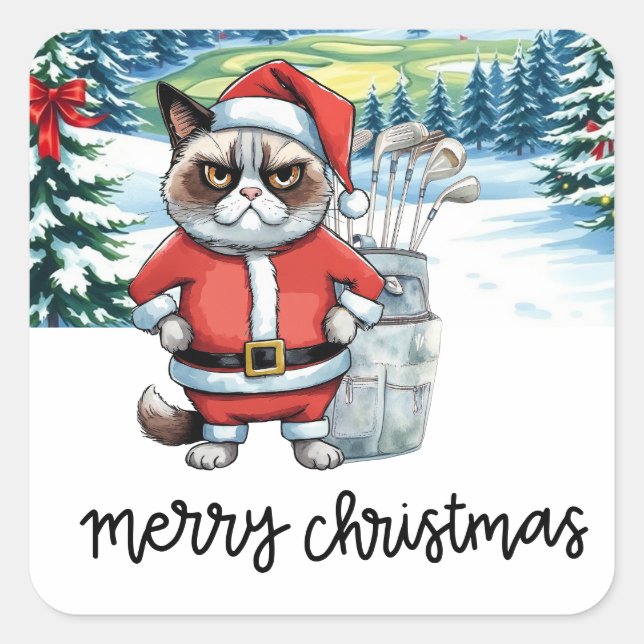 Golf  Christmas Cat Golfer  Square Sticker (Front)