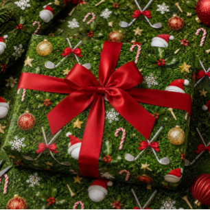 Golf Christmas Equipment Pattern on Green Grass Wrapping Paper
