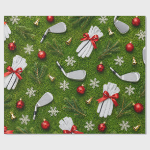 Golf Christmas Equipment Pattern on Green Grass Wrapping Paper