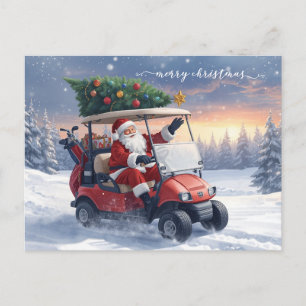 Golf Christmas Holiday Santa is driving golf cart Postcard