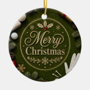 Golf Christmas Holiday themed on green grass Ceramic Ornament