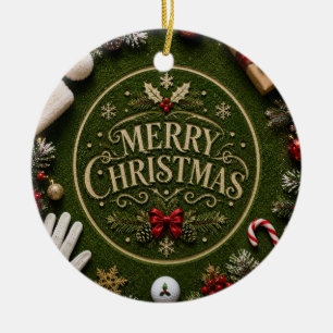 Golf Christmas Holiday themed on green grass Ceramic Ornament