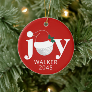 Golf Christmas Joy Personalized Name Modern Red Ceramic Ornament