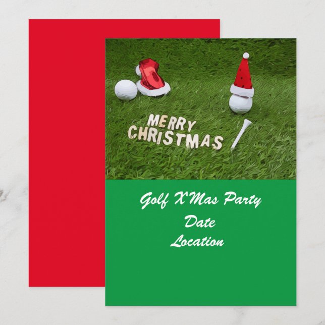 Golf Christmas Party with golf ball and Santa Hat Invitation (Front/Back)