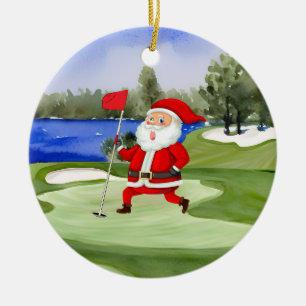 Golf Christmas Santa Claus holds flag on green  Ceramic Ornament