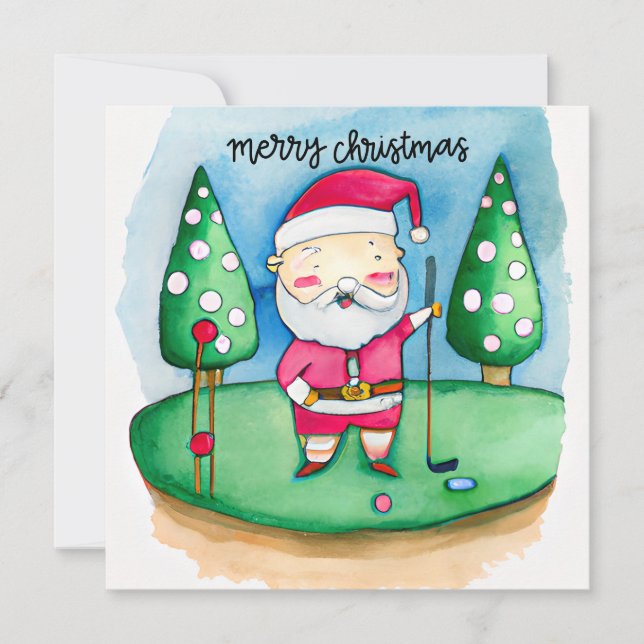 Golf Christmas Santa Claus is golfing on green  Holiday Card (Front)