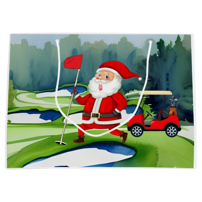 Golf Christmas Santa Claus with red cart on green Large Gift Bag (Front)