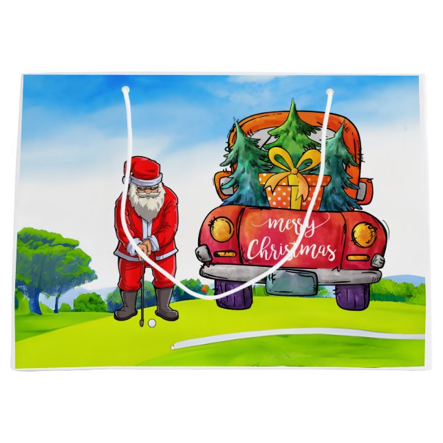Golf Christmas Santa Claus with red truck on green Large Gift Bag (Front)