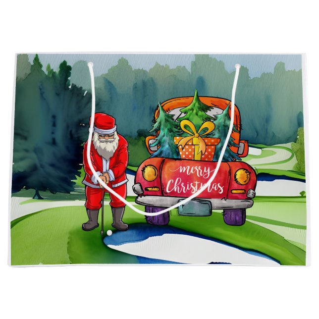Golf Christmas Santa Claus with red truck on green Large Gift Bag (Front)