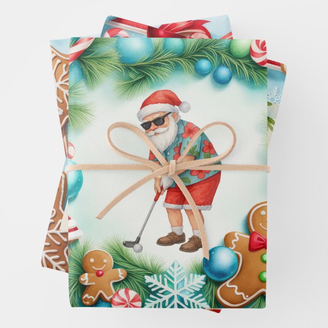 Golf Christmas Santa Golfing Summer time Wrapping Paper Sheet (In situ)