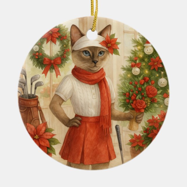 Golf Christmas themed for Cat Golfer  Ceramic Ornament (Front)