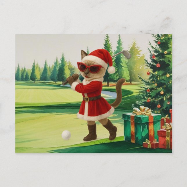 Golf Christmas themed for Cat woman Golfer Holiday Postcard (Front)