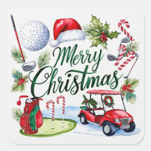 Golf Christmas themed Golfer watercolor Holiday Square Sticker