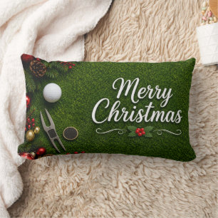Golf Christmas themed on green grass Lumbar Cushion