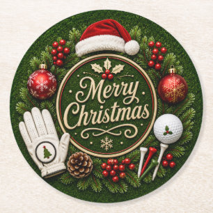 Golf Christmas themed Round Paper Coaster