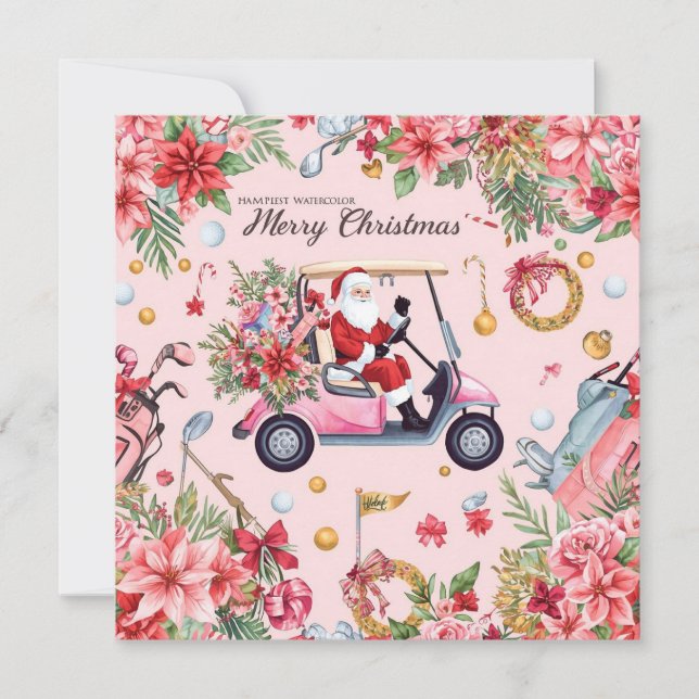 Golf Christmas themed Santa drive Pink golf cart Holiday Card (Front)