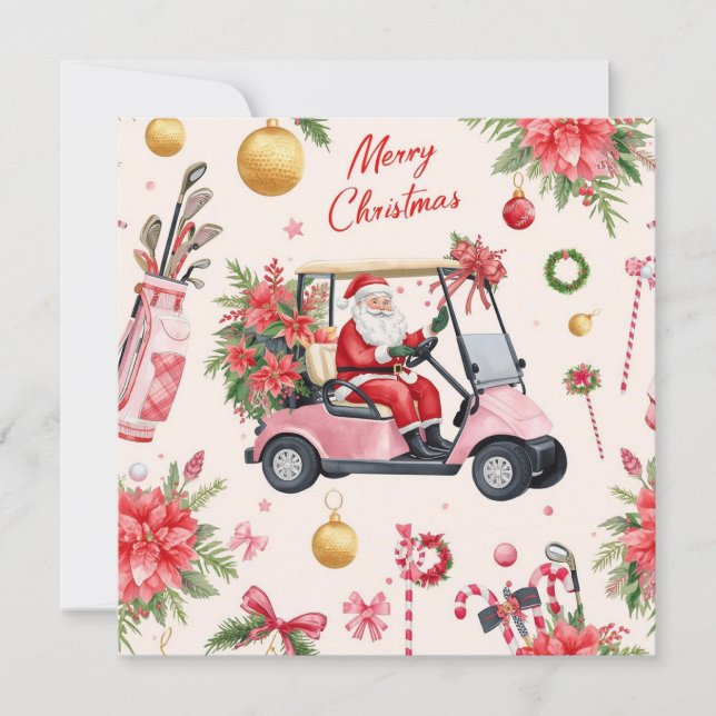 Golf Christmas themed Santa drive Pink golf cart Holiday Card (Front)