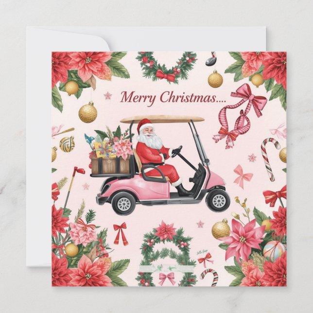Golf Christmas themed Santa drive Pink golf cart Holiday Card (Front)