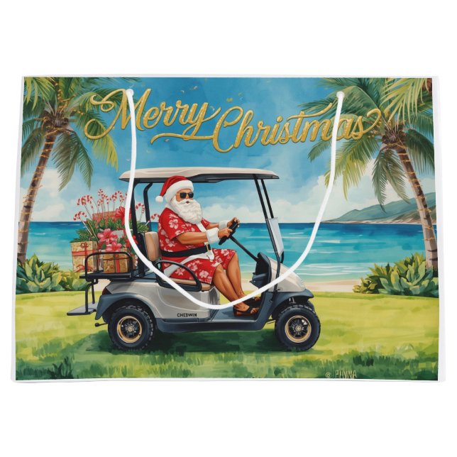 Golf Christmas themed with Santa Claus in Hawaii Large Gift Bag (Front)