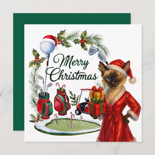 Golf Christmas themed with Siamese Cat Golfer  Holiday Card (Front/Back)