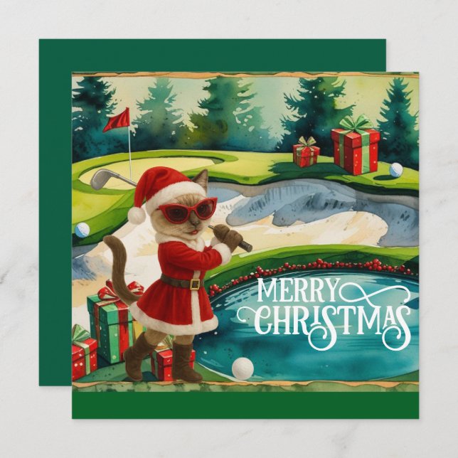 Golf Christmas themed with Siamese Cat Golfer  Holiday Card (Front/Back)