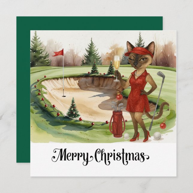 Golf Christmas themed with Siamese Cat Golfer  Holiday Card (Front/Back)