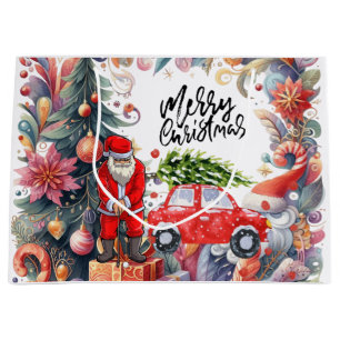 Golf Christmas tree on red car with Santa Claus Large Gift Bag