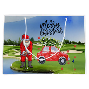 Golf Christmas tree on red car with Santa Claus Large Gift Bag